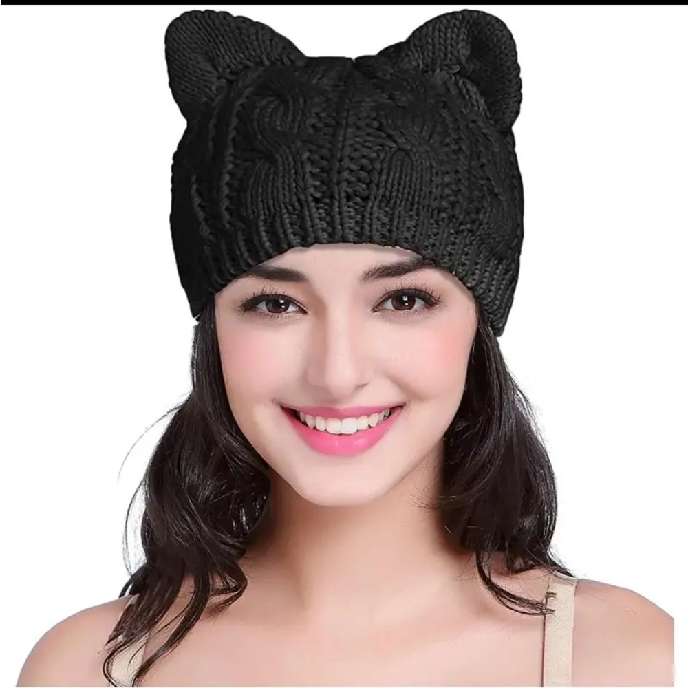 Cute Cat Ear Knit Cable Rib Beanie